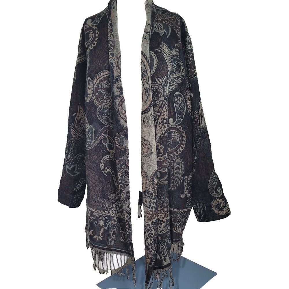 Soft Surroundings Med cardigan sweater 100% wool fringe fray paisley pockets